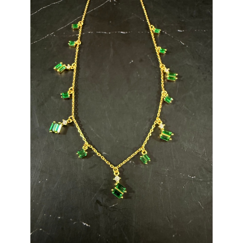 Emerald Station Cubic Zirconia Drop Bead 16in Necklace B930 925 Gold Tone
